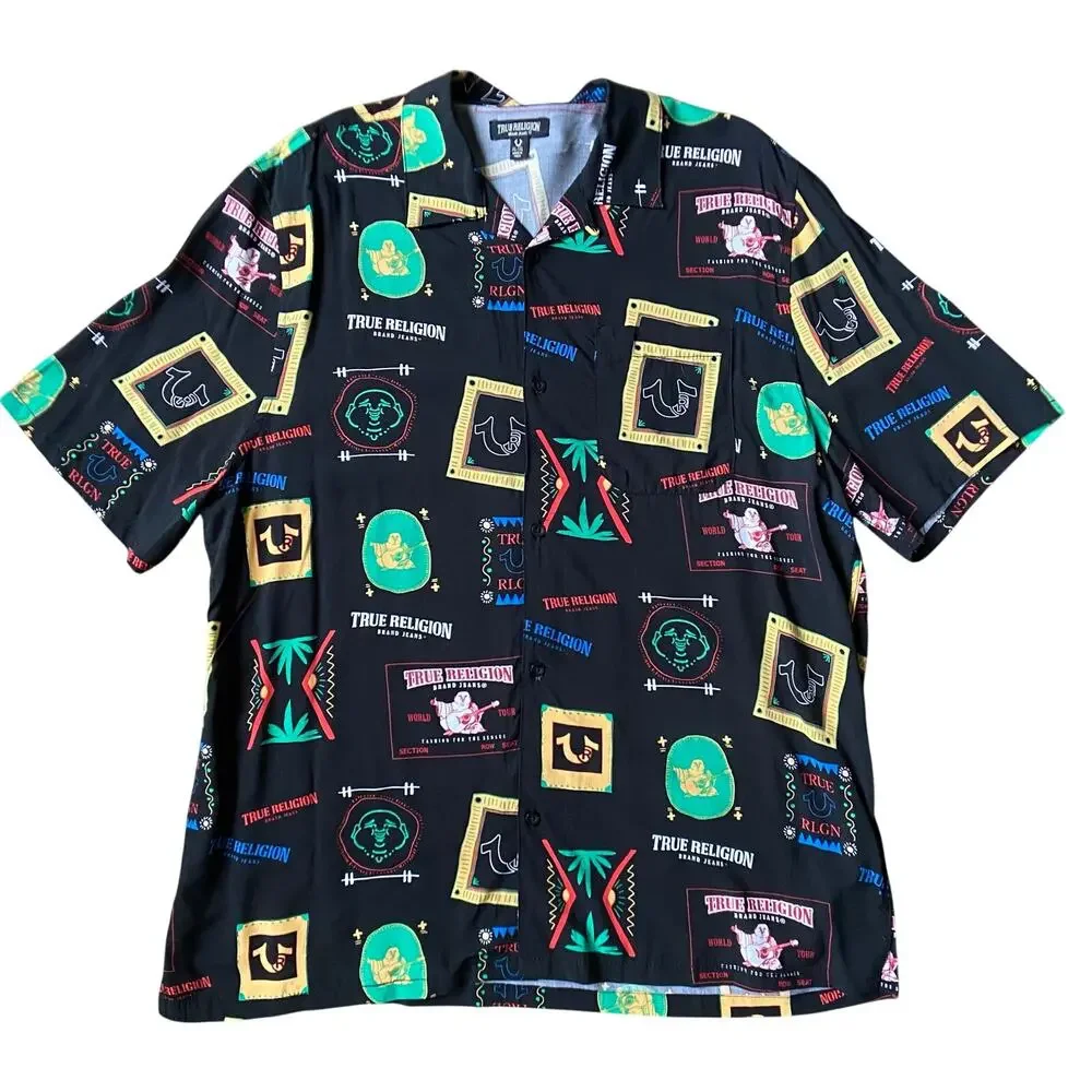 True Religion Resort Print Camp Collar Button Up Shirt Black